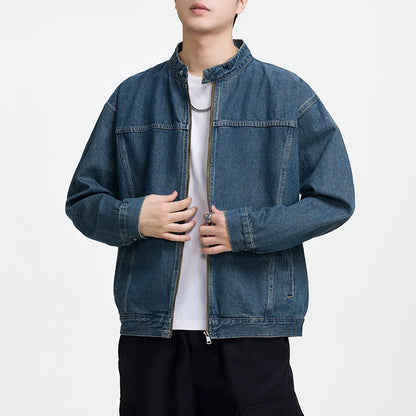 Men's Casual Non-Stretch Denim Jacket High Street Style Zipper Loose Workwear Jacket Plus Size Trendy Streetwear Top