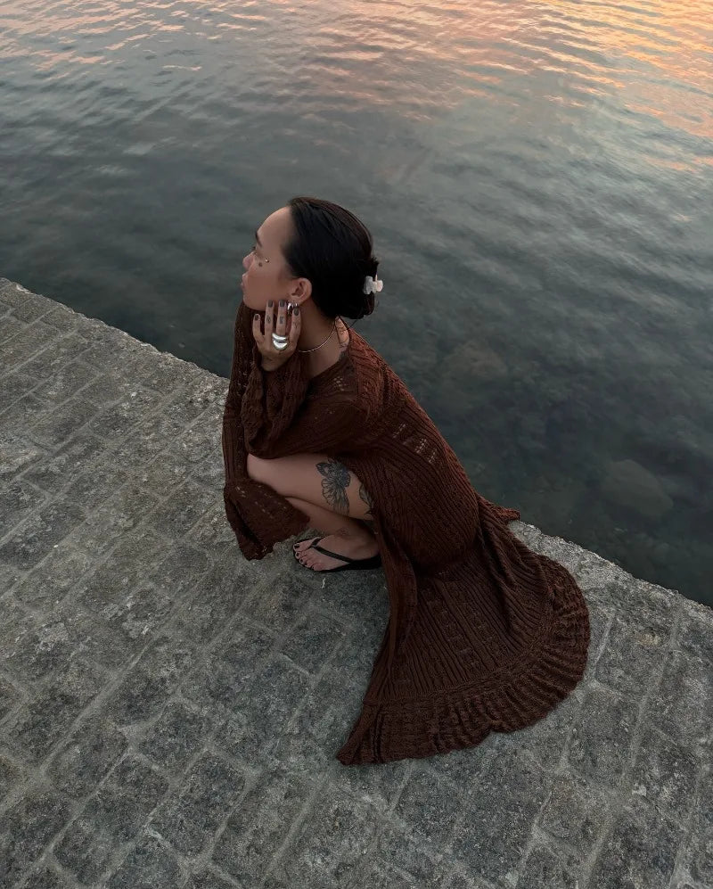Deep V Neck Long Cardigan Dress - Elegant Hollow Knit Cover Up for Women