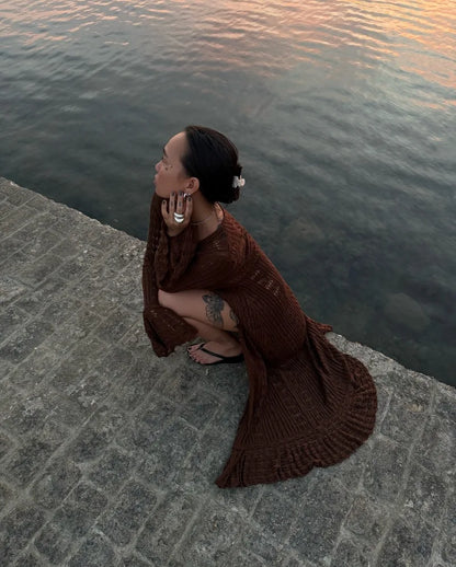 Deep V Neck Long Cardigan Dress - Elegant Hollow Knit Cover Up for Women