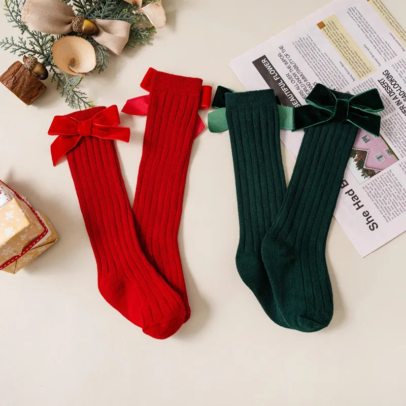 Kids Christmas Girls Socks Autumn Winter Toddlers Red Bowknot Baby Knee High Long Sock Soft Cotton Children Socken For 0-5 Years