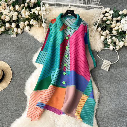 Miyake Pleated Drape Dress Women 2024 Spring Summer Colorblock Printing Lapel 3/4 Sleeve Single-breasted Fashion Shirt Dresses