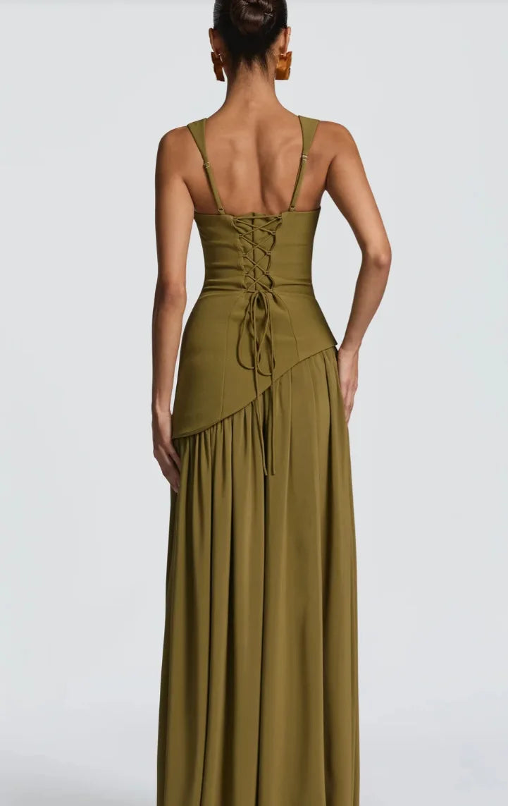 Green Evening Dress - Lace Up Back High Slit Maxi Party Dress with Scarf Attached