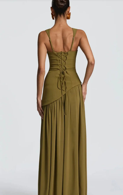 Green Evening Dress - Lace Up Back High Slit Maxi Party Dress with Scarf Attached