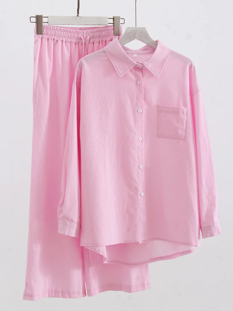 Streamgirl Linen Pants Sets For Women Summer Suits Pink Two Piece Trouser Women's Suit Sets Linen Shirt Set Oversize Outfit Suit