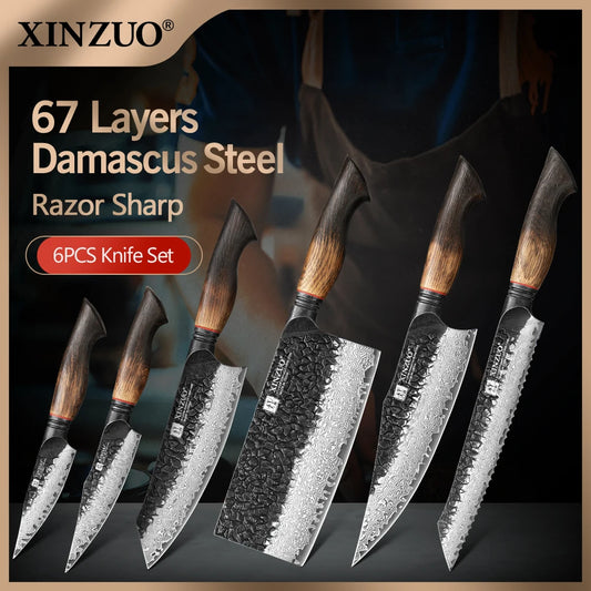 Damascus Knife Set - 67-Layer Steel with White Oak  Red G10 Handles 1-6 Pieces