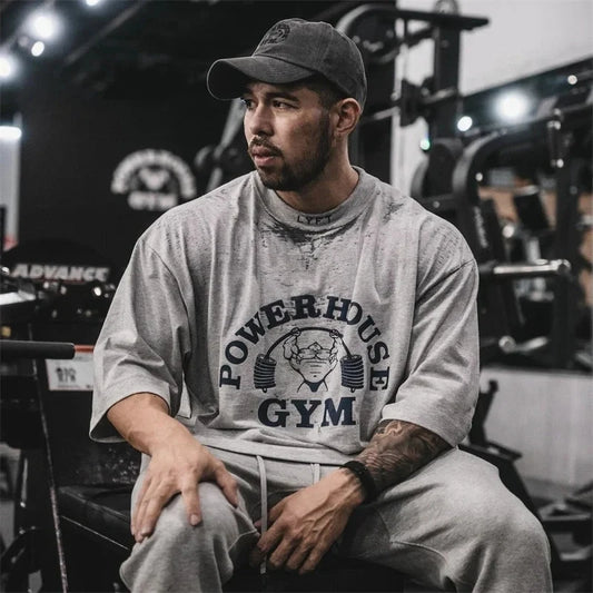 Powerhouse&LYFT Gym Men's T-Shirt Vintage Bodybuilding Graphic Tee Cotton Oversized Fitness Sportswear Unisex Casual Streetwear