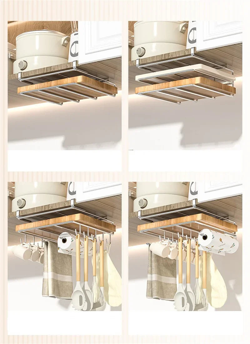 Kitchen Organizer Rack - Stainless Steel Hanging Kitchen Rack with Hooks for Cutting Board, Paper Towel & Pot Lid Storage