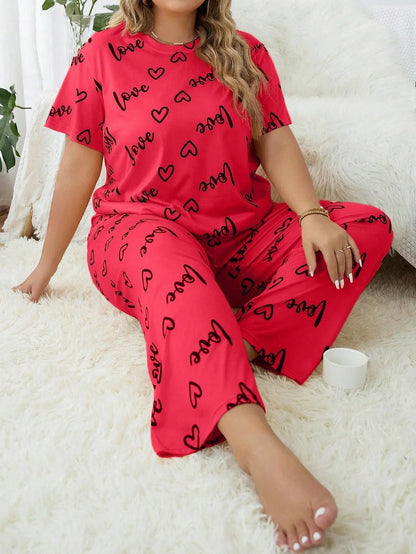 Women's Plus Size Sleepwear Heart Letters Print Pajama Set Casual Short-Sleeve Top and Pants Comfortable Relaxed Fit Loungewear