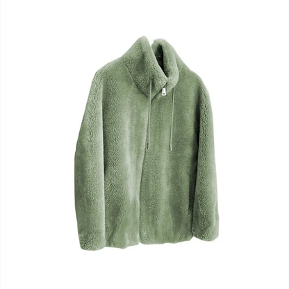 Women Winter Coat - Coral Fleece Jacket With Plush Stand Collar & Zipper Closure