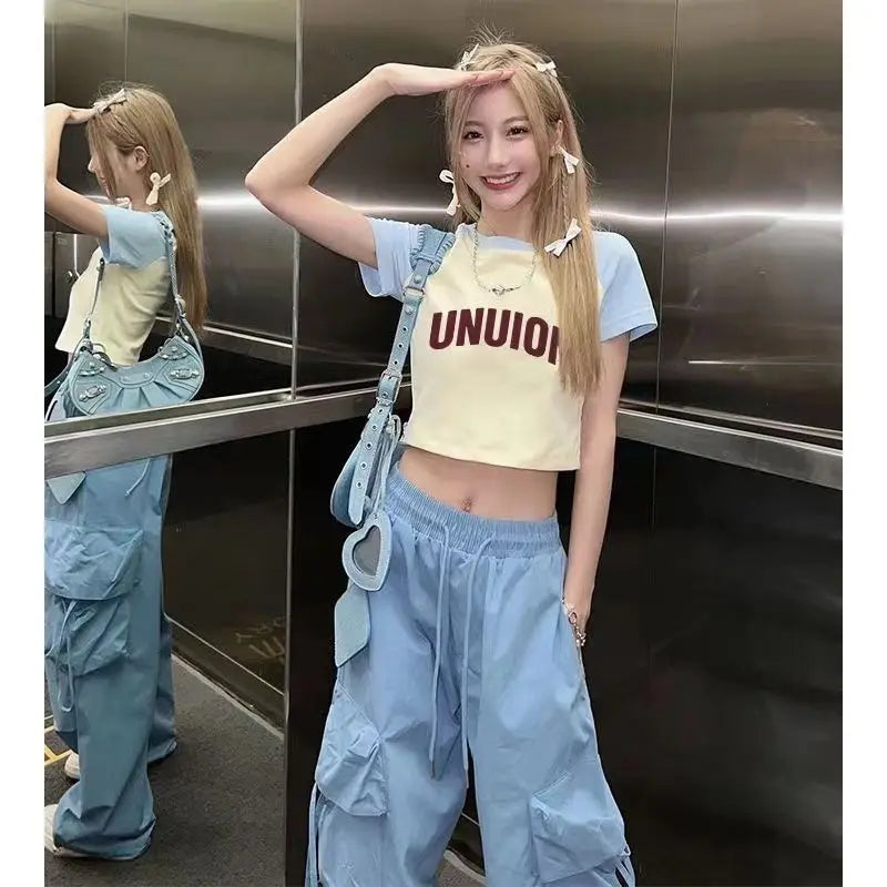 Blue Sweet Embroidered Casual Trousers Women Japanese Versatile Trend Summer High Waist Loose Multi Pocket Wide Leg Cargo Pants