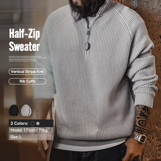 Maden Vintage Half-Zip Stand Collar Knitted Sweater Solid Color Warm Pullover for Men's Autumn and Winter Versatile Knitwear