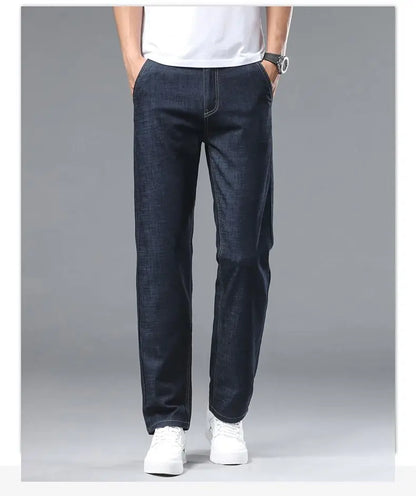 Light blue classic business jeans, fashionable breathable denim elastic pants, black blue men's straight leg jeans, sizes 28-40