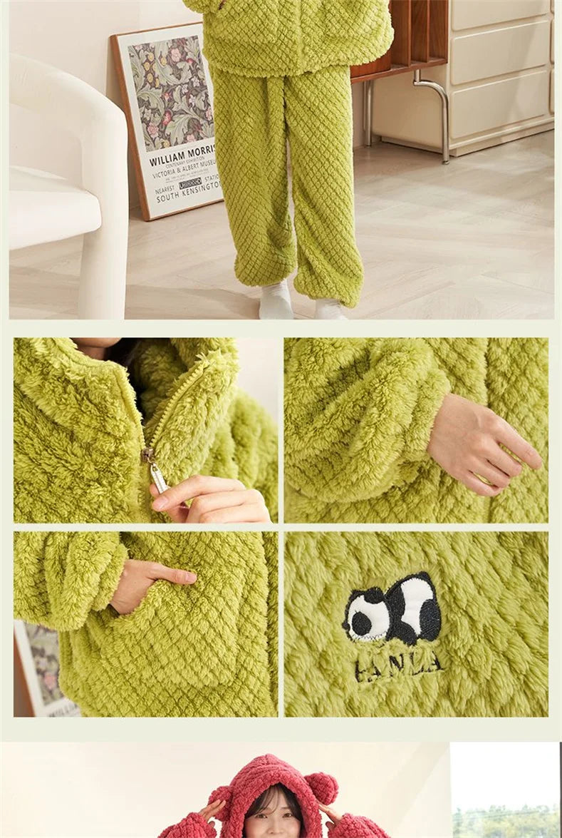 Autumn Winter Women's Sleepwear Flannel Pajamas Set Thick Fleece Nightwear Sets Warm Home Suits Hoodie Plus Pants