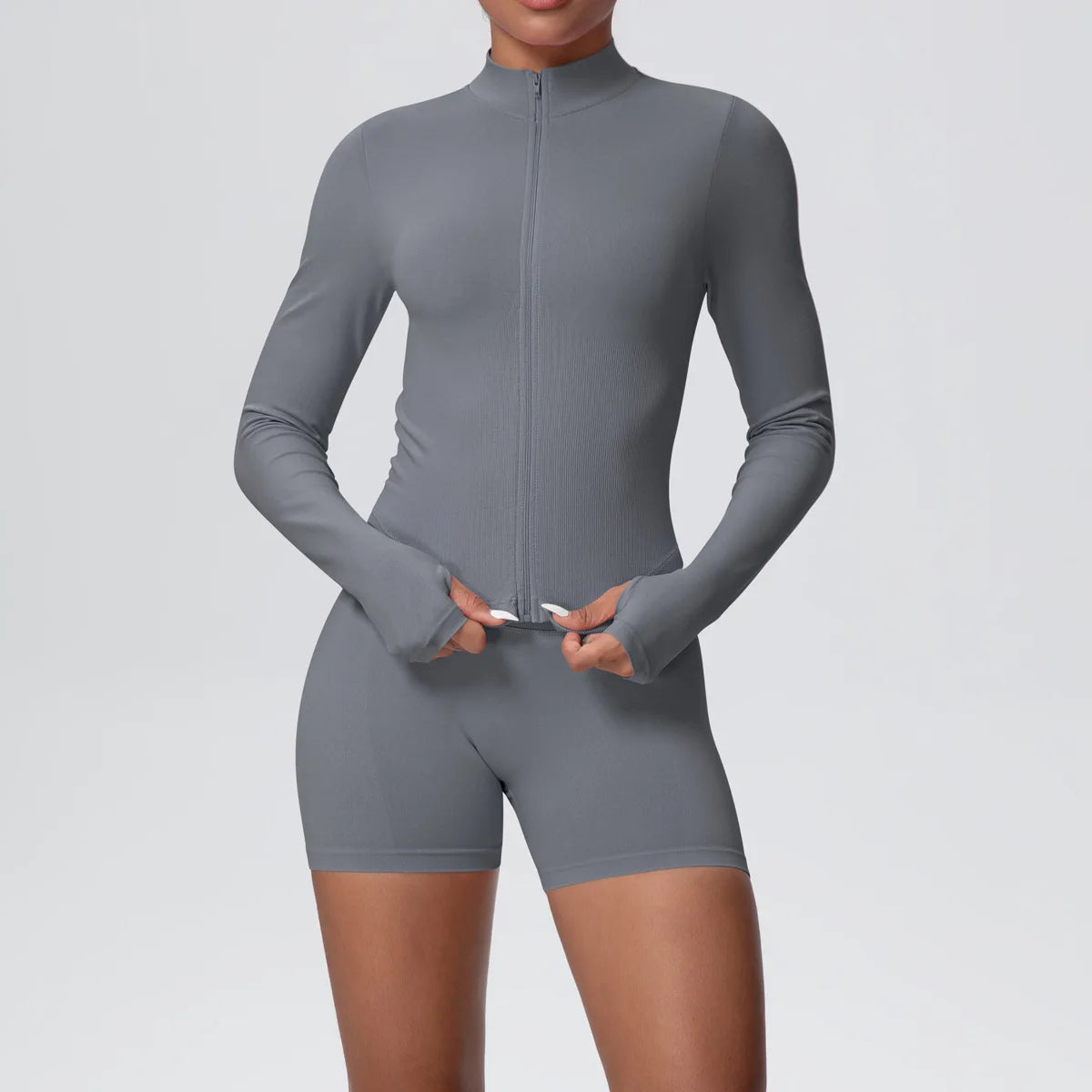 Women Gym Set - Seamless Yoga Suit With Zip Shirt & Cycling Shorts Activewear