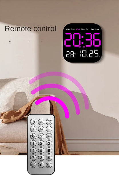Digital Wall Clock with Temperature and Date - LED Alarm Clock 1224H Remote Control