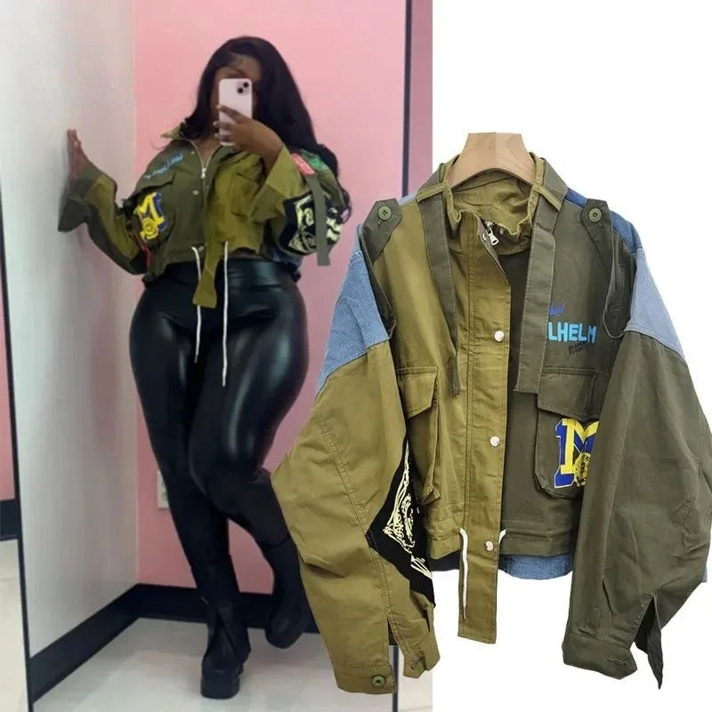 FAGADOER Retro Letter Printing Jacket Women Streetwear Green Cargo Pocket Denim Patchwork Fashion Coat Female Clothing 2025 New
