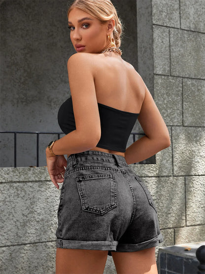 Benuynffy Zipper Fly Roll Up Hem Denim Shorts Women Fashion Summer High Waist Pockets Female Straight Leg Jean Shorts For Woman