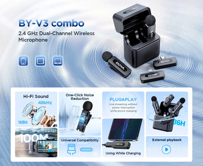 BOYA Wireless Lapel 2pcs Microphone for Android Smartphone Laptop - Omnidirectional USB C Condenser Video Recording Microphone