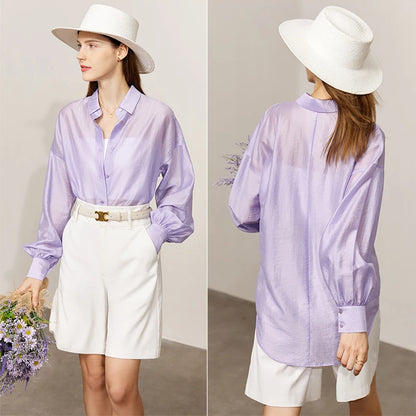AMII Minimalist Blouse for Women 2023 Autumn Lantern Sleeve V-Neck Slightly Transparent Elegant Commuter Clothing Tops 72341030