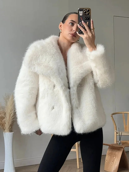 Faux Fur Women's Coat – Luxury Cropped Fluffy Jacket With Lapel Collar