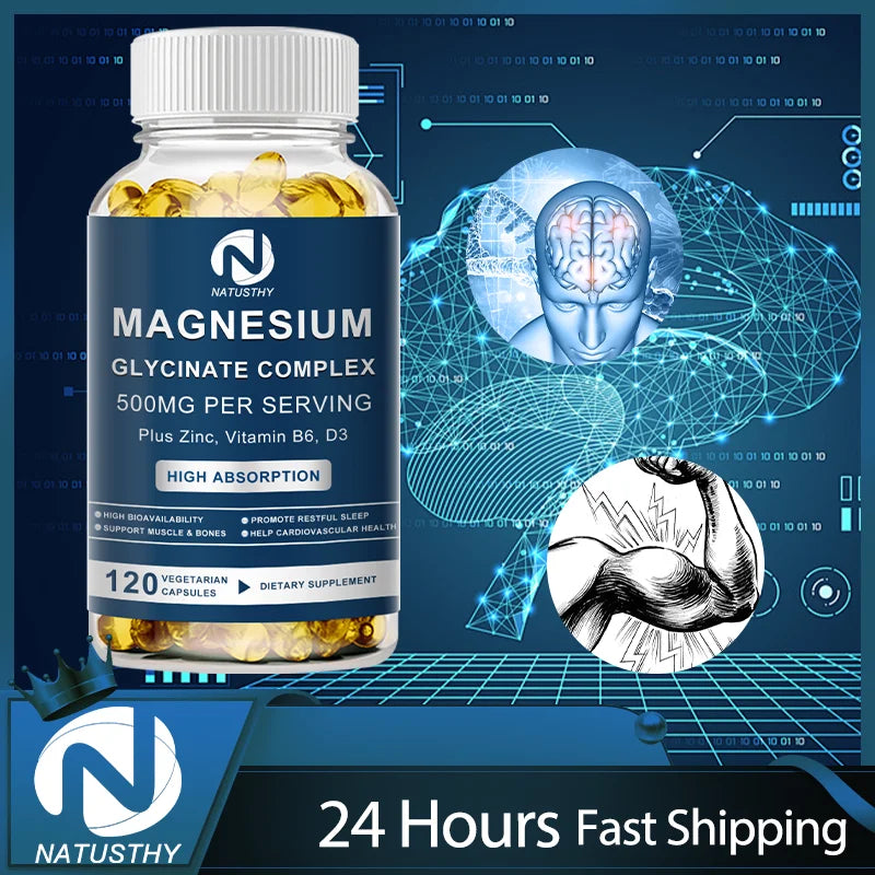 Magnesium Glycinate Supplement 500mg & Zinc, Vitamin D3 B6 High Absorption Support for Women & Men Mineral Vegan Capsules