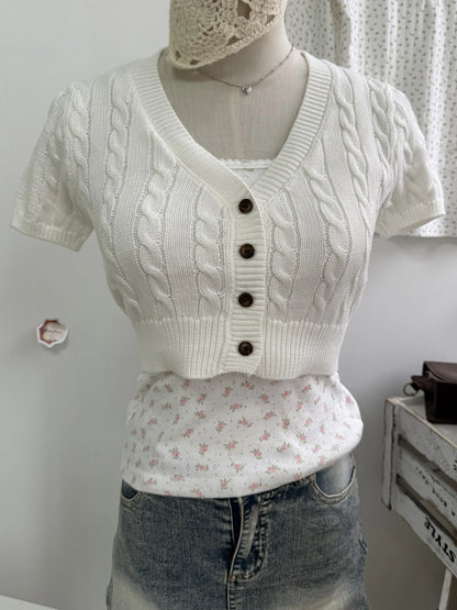 Solid Twist Flower Knitted Cropped Cardigan Woman V-neck Single Breasted Short Sleeve Crop Tops Autumn Sweet Cotton Knitwear New