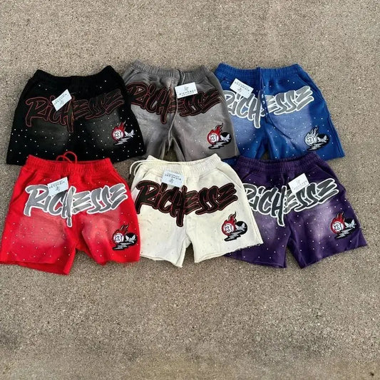 2026 Summer New Men's Rhinestone "RICH" Graffiti Print Shorts Oversized Pants, Suitable for Daily Wear and Training