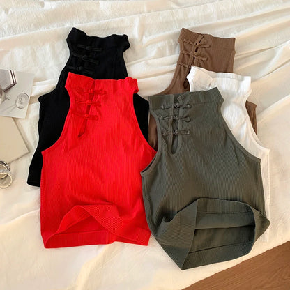 ITOOLIN Elegant Women Chinese Button Tank Tops With Bra Pad O-Neck  Sleeveless Tank Tops For Women Sexy Crop Tops All-Match 2024