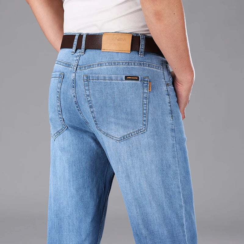 2026 Summer Brand Clothing Men's Straight Loose Lightweight Jeans Classic Badge Business Casual Thin Cotton Stretch Pants