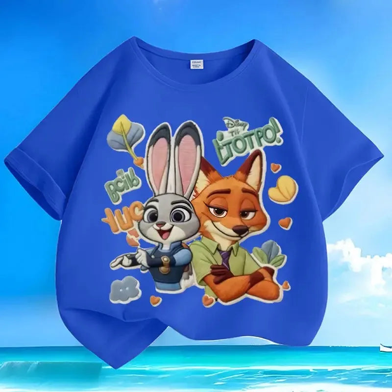 New loose pure cotton t-shirt with Disney Zootopia print, versatile, casual, summer, short-sleeved, with round neck,for children