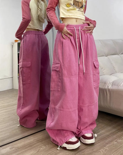 Cargo Pants Women Solid Color Japanese Loose Thin Straight Wide-leg High Waist Trousers High Street Basics Casual Pants Female