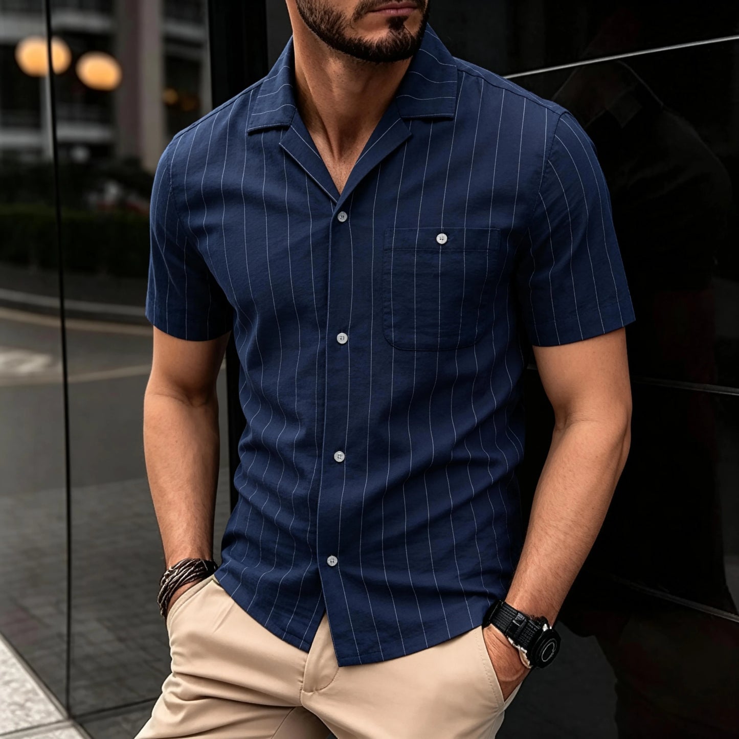 AIOPESON Men's Casual Stripe Design Shirt Short Sleeve Button Pocket Cotton Soft Breathable Lightweight Summer Daily Wear