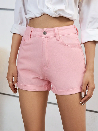 Benuynffy Zipper Fly Roll Up Hem Denim Shorts Women Fashion Summer High Waist Pockets Female Straight Leg Jean Shorts For Woman