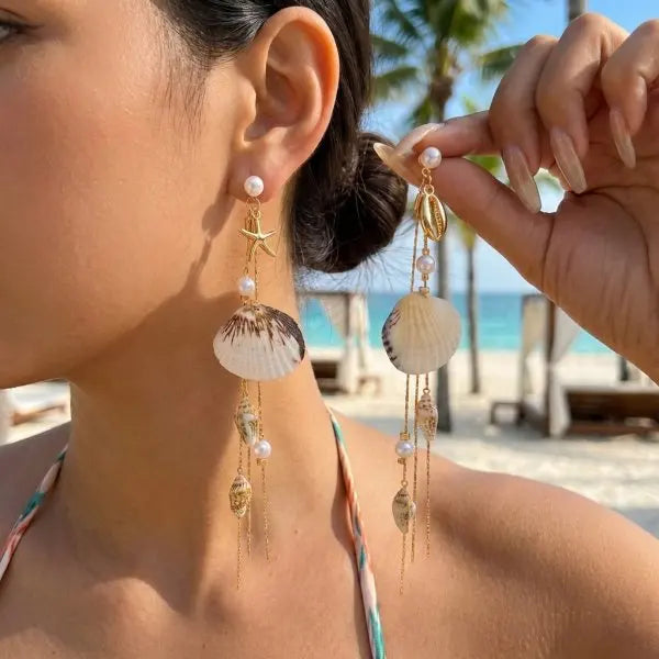 Boho Stone Hoop Earrings – Starfish & Shell Dangle (Y2K Beach)