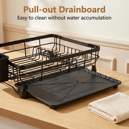 Large-capacity black carbon steel dish drying rack with cup holder and drainage system, kitchen storage organizer.