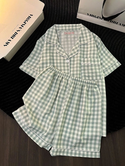 Ins Japanese-Style Minimalist Women's Pajamas Summer Bubble Cotton Cute Girl Loose Short-Sleeve Shorts Loose Summer Outfit Set