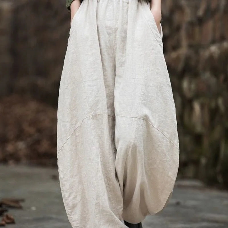 Elegant Women's Cotton Linen Baggy Cargo y2k Pants Vintage Elastic Waist Trousers Loose Casual Long Wide Leg Oversize Clothes