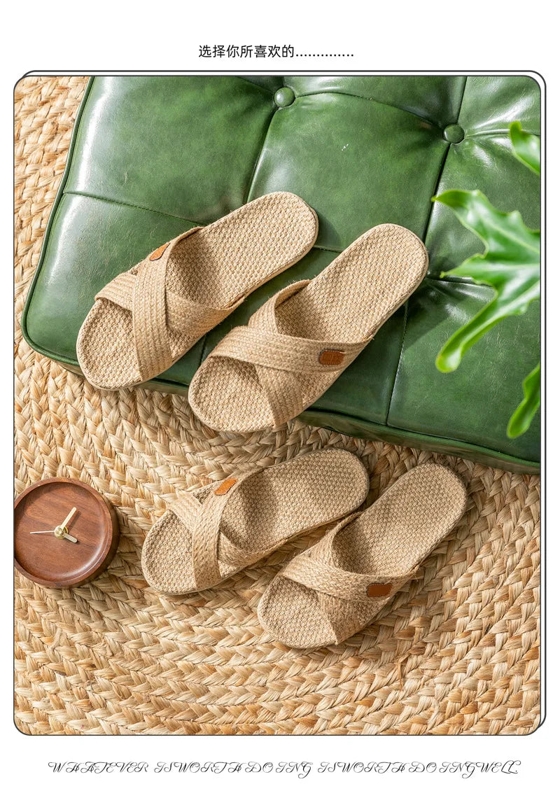 Men Shoes Slippers Linen Home Indoor Open Toe Flat Shoe Beach Slippers Striped Spliced Rubber Sandals Zapatillas Hombre