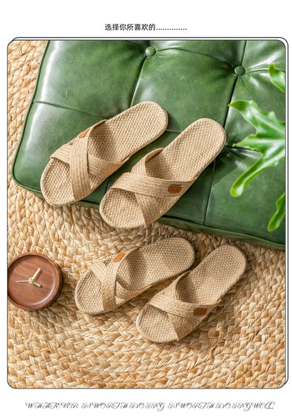 Men Shoes Slippers Linen Home Indoor Open Toe Flat Shoe Beach Slippers Striped Spliced Rubber Sandals Zapatillas Hombre