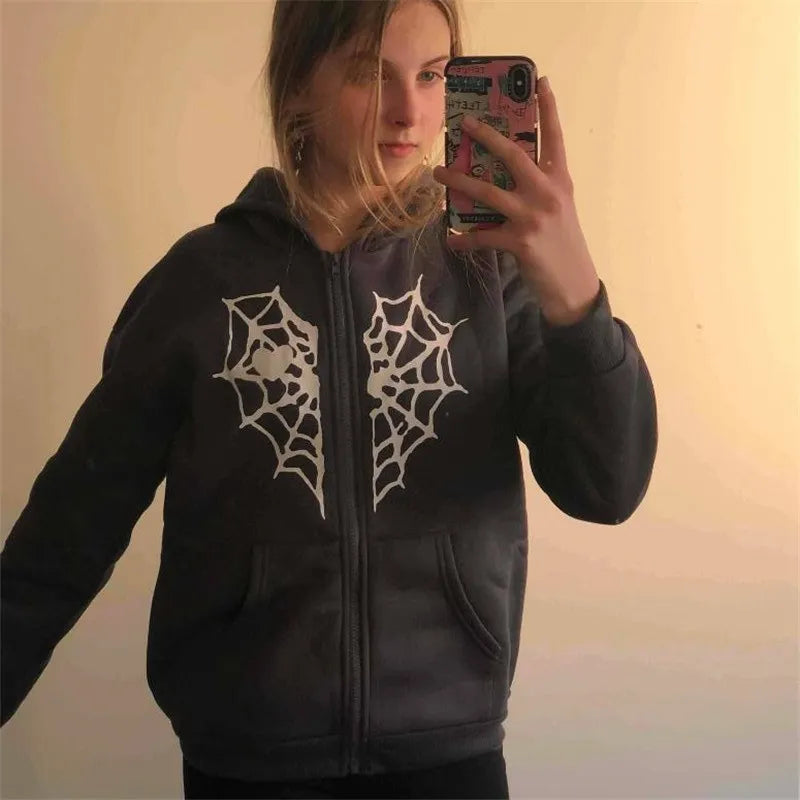 Y2K Rhinestone Cobweb Zip Up Oversized Sweatshirt 2022 Autumn Goth Hoodie Men Women Grunge Hooded Jacket Streetwear Y2K Clothing