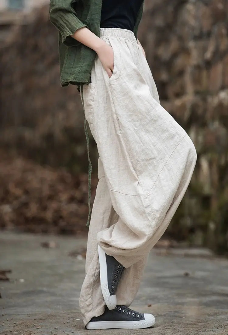 Elegant Women's Cotton Linen Baggy Cargo y2k Pants Vintage Elastic Waist Trousers Loose Casual Long Wide Leg Oversize Clothes