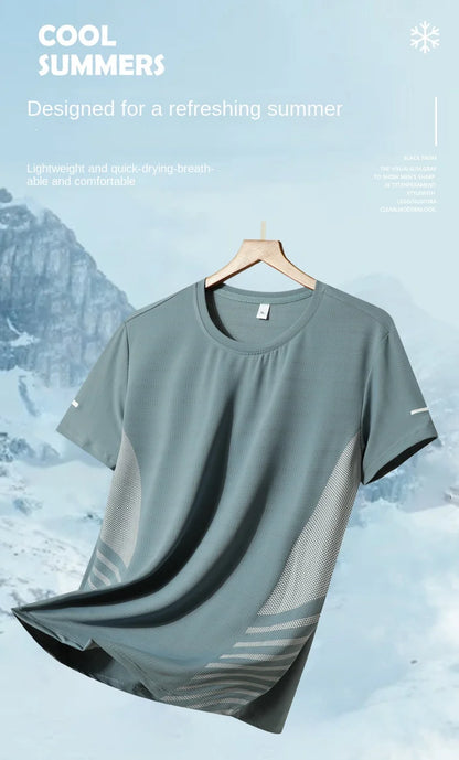 Running T-shirt Men Summer Ice Silk Thin Top Reflective Printing Quick Dry Short Sleeve Breathable Fitness Sports T-shirt 5XL