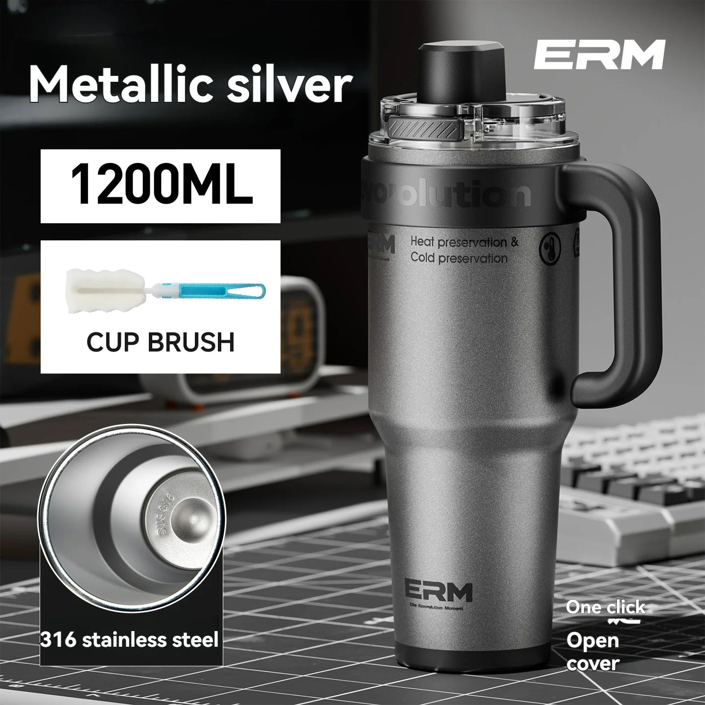 1200ML Extra Large Tumbler Ceramic Drinkware Stainless Steel Water Bottle Insulated Vacuum Flask Straw & Handle Leakproof Mug