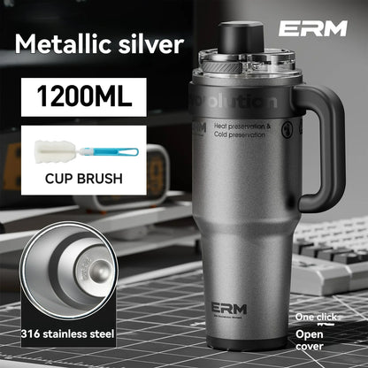 1200ML Extra Large Tumbler Ceramic Drinkware Stainless Steel Water Bottle Insulated Vacuum Flask Straw & Handle Leakproof Mug