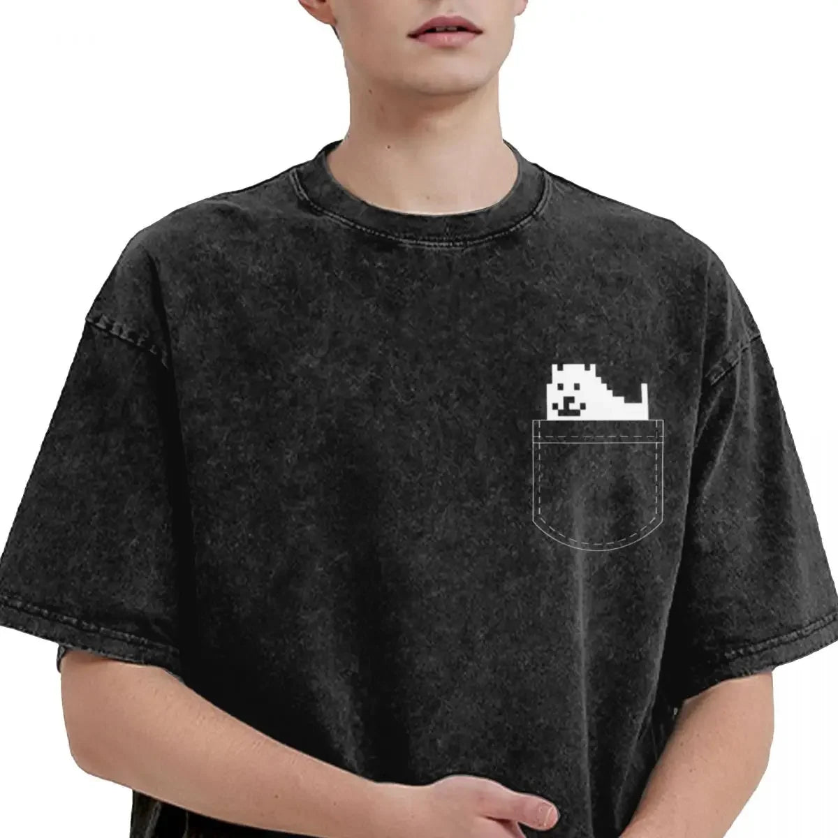 Washed Cartoon T Shirts Undertale Dog Pocket Graphic T-Shirts Cotton Loose Streetwear Short Sleeve Tee Shirt Men Women Clothing
