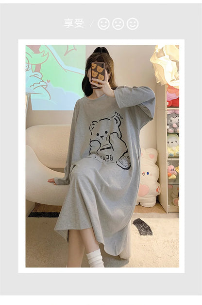 New Spring Summer Cotton Women's Pajamas Cute Long-sleeved Nightdress Cartoon Print Dress Home Service