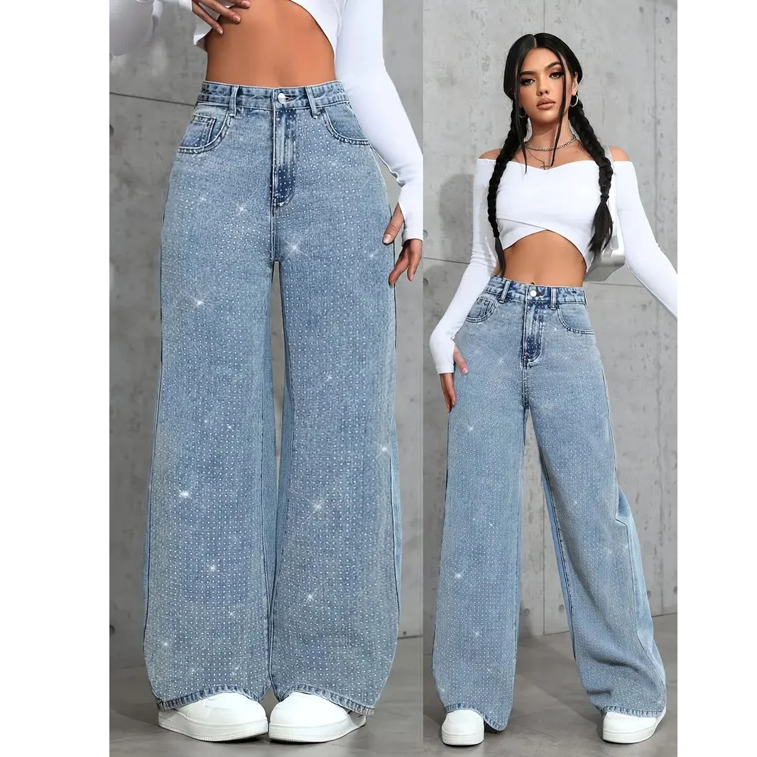 Womens Plus Size Loose Jeans Casual Straight Denim Pants Elastic Stretch Comfort Fit Decorated with Beaded Embroidery Jeans