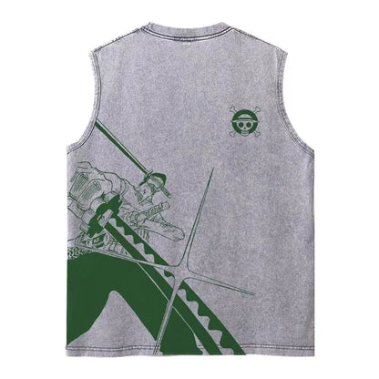Harajuku Retro Sleeveless T-Shirts Streetwear Vintage Washed Anime One Piece Graphic Print Men Vest Tops Tees Retro Oversize