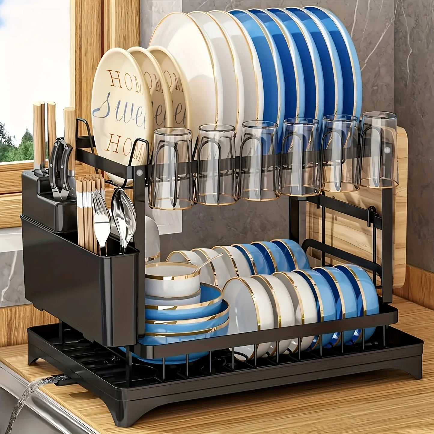 Kitchen Storage Rack - Large Capacity Double Layer Metal Tableware Stand with Drainage
