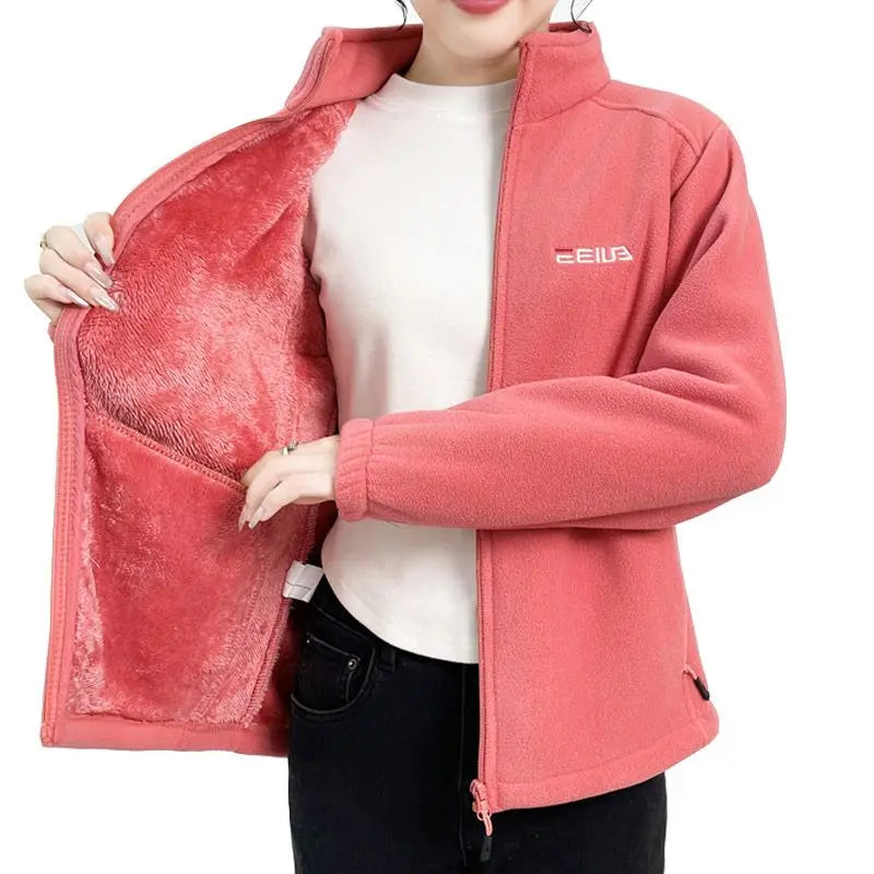 Woman Thickened Zipper Lamb Velvet Sweatshirt Casual Cardigan Embroidery Warm Stand-up Collar Loose Jacket Windproof Sweatshirt
